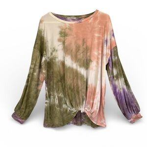 Boho Tie-Dye Twist-Front Long Sleeve Earth Tone Watercolor Sage Terracotta Top